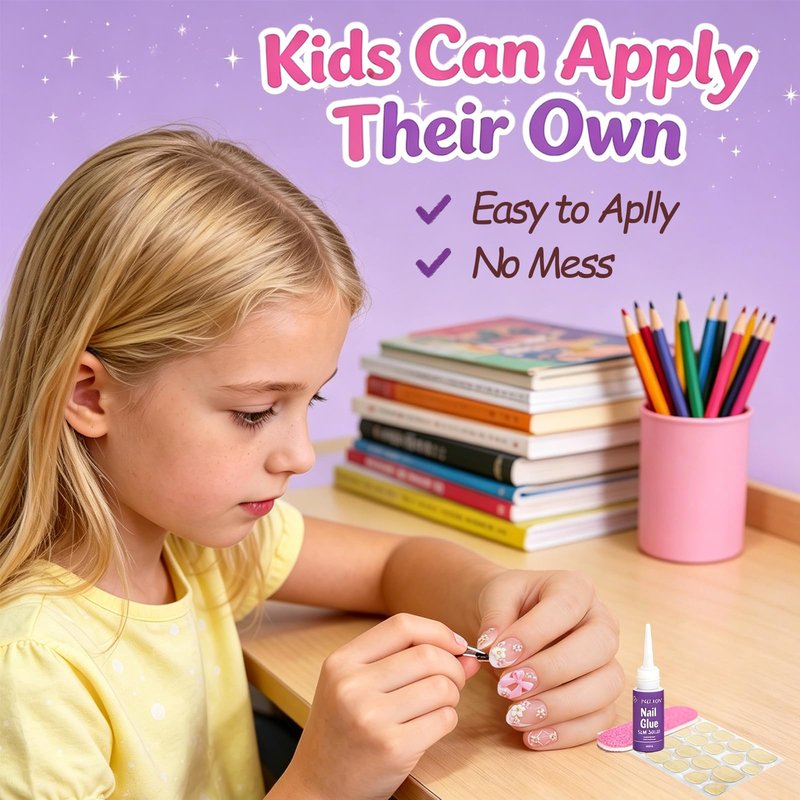 Kids Press on Nails, 24pcs French Tip Press on Nails for Kids 6-12 with 3D Hibiscus, Non-Toxic Nail Kit with Nail Glue, Adhesive Tabs, Fake Nails Gift for Girls