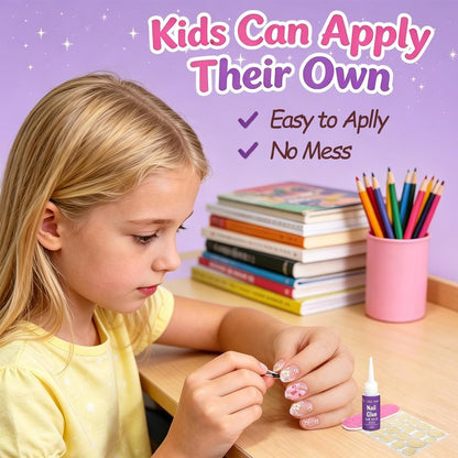 Kids Press on Nails, 24pcs French Tip Press on Nails for Kids 6-12 with 3D Hibiscus, Non-Toxic Nail Kit with Nail Glue, Adhesive Tabs, Fake Nails Gift for Girls