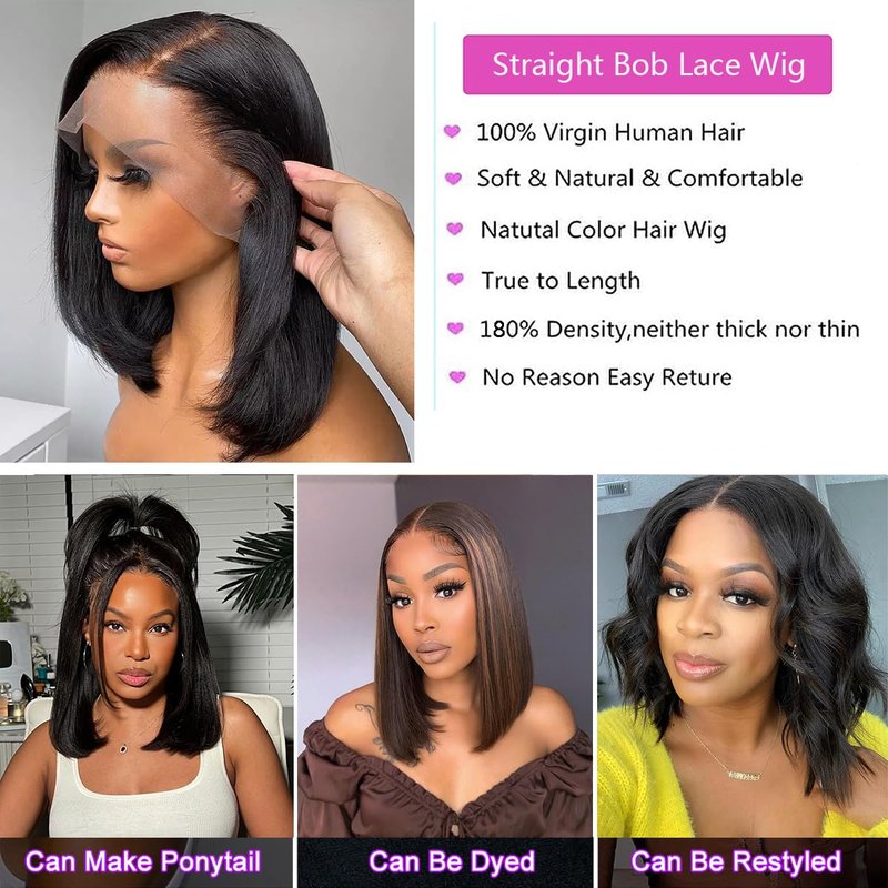Bob Wig Human Hair 13x6 Frontal Lace Wig Transparent Lace Front Wigs Human Hair Straight Short Human Hair Wigs for Black Women Glueless Wigs Pre Plucked (Natural Color 13x6 Straight Bob, 10 Inch)
