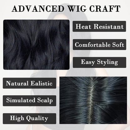Doremiy Long Black Brown Wavy Hair Wigs for Women Natural Synthetic Curly Wig Heat Resistant Fiber Wigs for Daily Cosplay