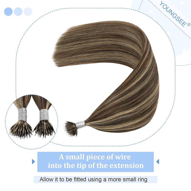YoungSee 20in Nano Bead Hair Extensions Dark Brown Highlight Caramel Blonde Nano Hair Extensions Brown Human Hair Nanolink Hair Extension Cold Fusion Nanoring Natural Hair 50 Strands 50g for Wedding
