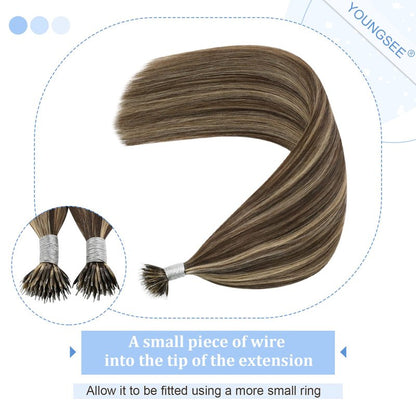 YoungSee 20in Nano Bead Hair Extensions Dark Brown Highlight Caramel Blonde Nano Hair Extensions Brown Human Hair Nanolink Hair Extension Cold Fusion Nanoring Natural Hair 50 Strands 50g for Wedding