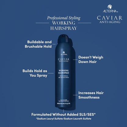 Alterna Haircare CAVIAR Anti-Aging Working Hairspray Travel Size 3 Fl Oz | Buildable, Brushable Hold | Helps Control Frizz and Adds Shine | Sulfate Free