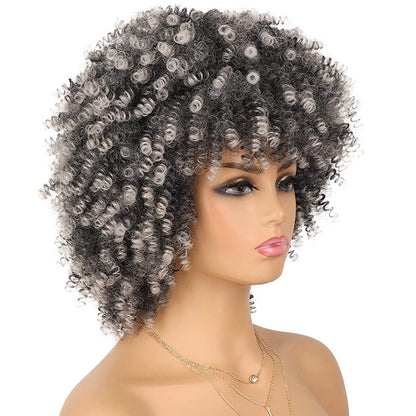 Ninroc Afro Curly Wig with Bangs Black Wigs Kinky Curly Heat Resistant Synthetic Short Curly Wigs for Women Looking Fluffy Bouncy Afro Puff Wig Daily Cosplay (Grey)