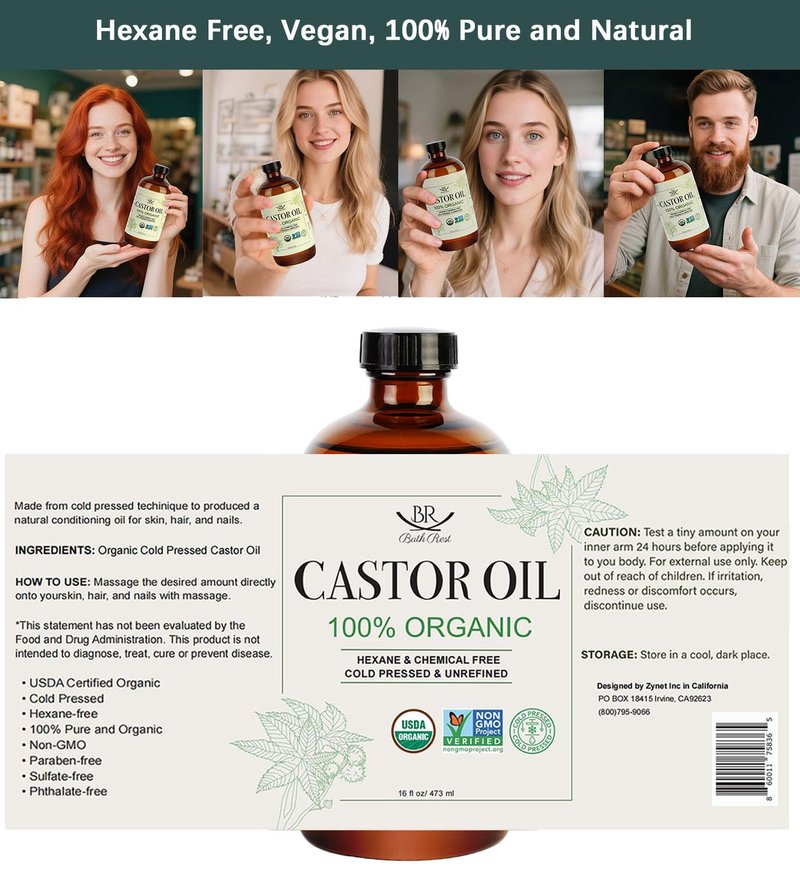 Bathrest Castor Oil Organic Cold Pressed Unrefined Glass Bottle 100% Pure for Hair Growth Eyelashes Brows Castor Oil Packs, Natural Skin Moisturizer, USDA Certified Hexane Free Vegan 16 oz (473ml)