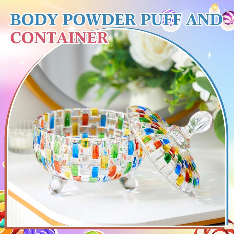 Tioncy 2 Pcs Extra Large Dusting Powder Puff and Container for Women-6'' Glass Crystal Dusting Powder Container with Body Soft Washable Reusable Velour Face(Multicolor,Weave Design)