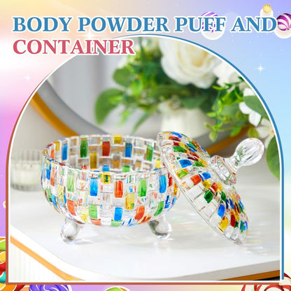Tioncy 2 Pcs Extra Large Dusting Powder Puff and Container for Women-6'' Glass Crystal Dusting Powder Container with Body Soft Washable Reusable Velour Face(Multicolor,Weave Design)