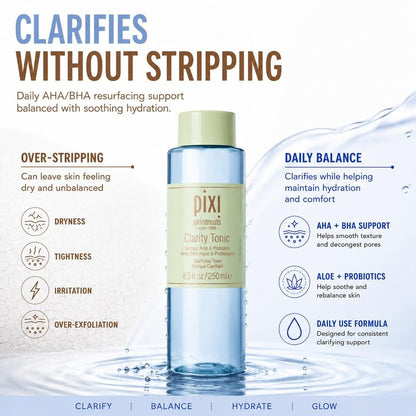 Pixi Beauty Clarity Tonic, AHA & BHA Toner | Minimize Pores, Promote A Clearer, Healthier Complexion, 250 ml