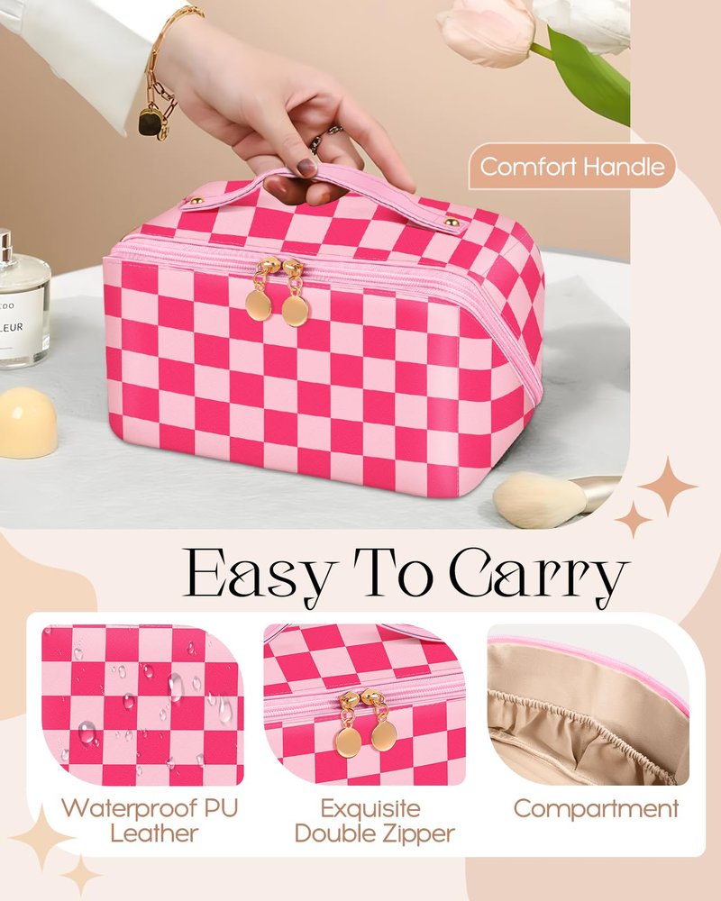 Bistup Makeup Bag Travel Cosmetic Bag Toiletry Make Up Bags Cute Women Large Capacity Big Medium Leather Checkered Plaid Hotpink Aesthetic Girl Teen Teenage Foldable Expandable Open Flat Zip