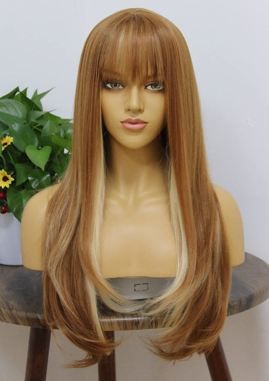 MSMYRNS Ginger Brown Synthetic Wig With Bangs Blonde 613 Highlights Mixed Natural Wave Heat Resistant Fibers Lolita Cosplay Wigs For Girls Woman Daily Use Hair Replacement Unit Glueless No Lace Wig