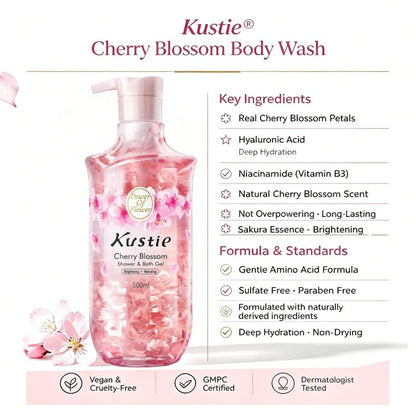 Kustie Cherry Blossom Body Wash for Women | Brightening Hydrating Shower Gel with Real Flower Petals, Niacinamide & Hyaluronic Acid | Light Natural Scent for Daily Use | Sulfate Free, 16.9 fl oz