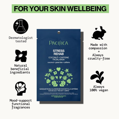 Pacifica Beauty Skin Rehab Coconut and Caffeine Facial Mask, Skincare, Green Tea, Helps with Puffiness and Redness, Face Mask, Sheet Mask, Face Care, All Skin Types, Vegan (6 Sheets)