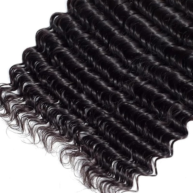 Deep Wave Human Hair Bundles 14 16 18 Inch Curly Weave Bundles Human Hair Unprocessed Native Virgin Hair 100/PC 3 Extensions Natural Black Color 1B Wet and Wavy Human Hair Extensions for Women