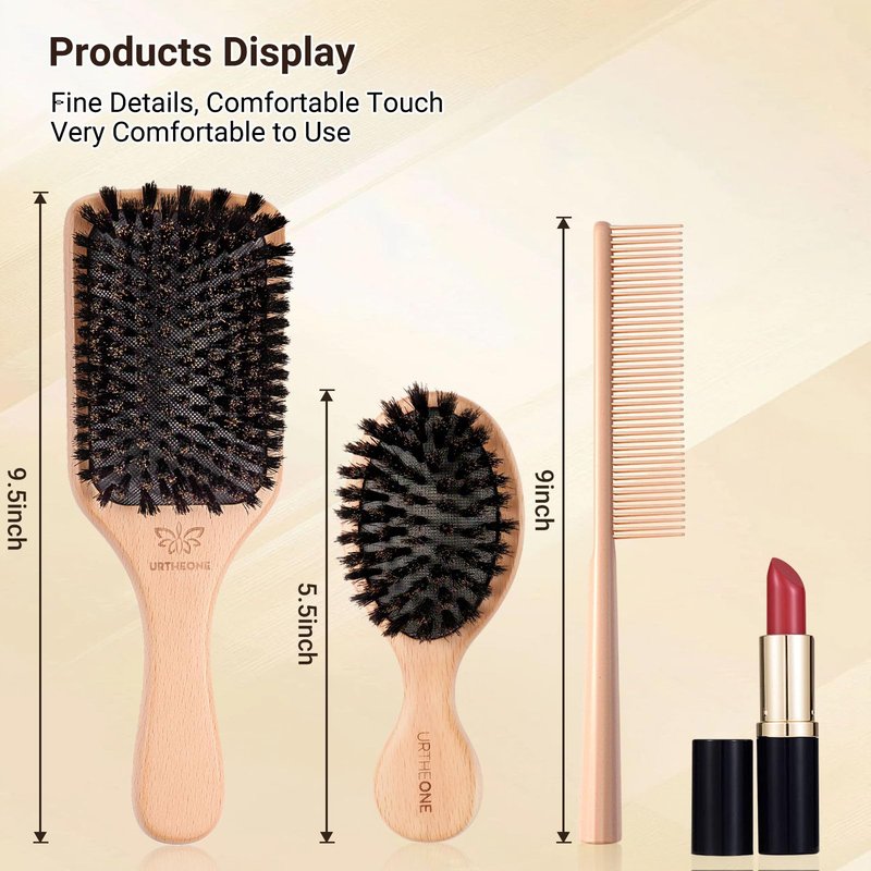 URTHEONE Pure Boar Bristle Hair Brush Set with Wide-Tooth Comb,Natural Beechwood Detangling Kit for Shine & Frizz Control,Gift for Women & Men