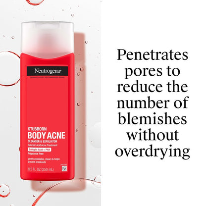 Neutrogena Salicylic Acid & PHA Stubborn Acne Body Wash, Exfoliating Cleanser Acne Treatment for Chest & Shoulder, Gently Clears, Exfoliates & Helps Prevent Breakouts, Fragrance Free, 8.5 Fl Oz