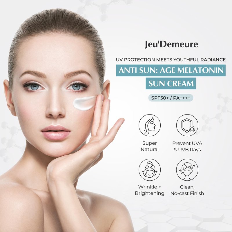 JEU'DEMEURE Anti-Aging SPF 50 Face Moisturizing Sunscreen Lotion with Broad Spectrum, Melatonin, Lightweight, Non-Sticky, Sun Essence for Sensitive Skin, 1.69 fl oz