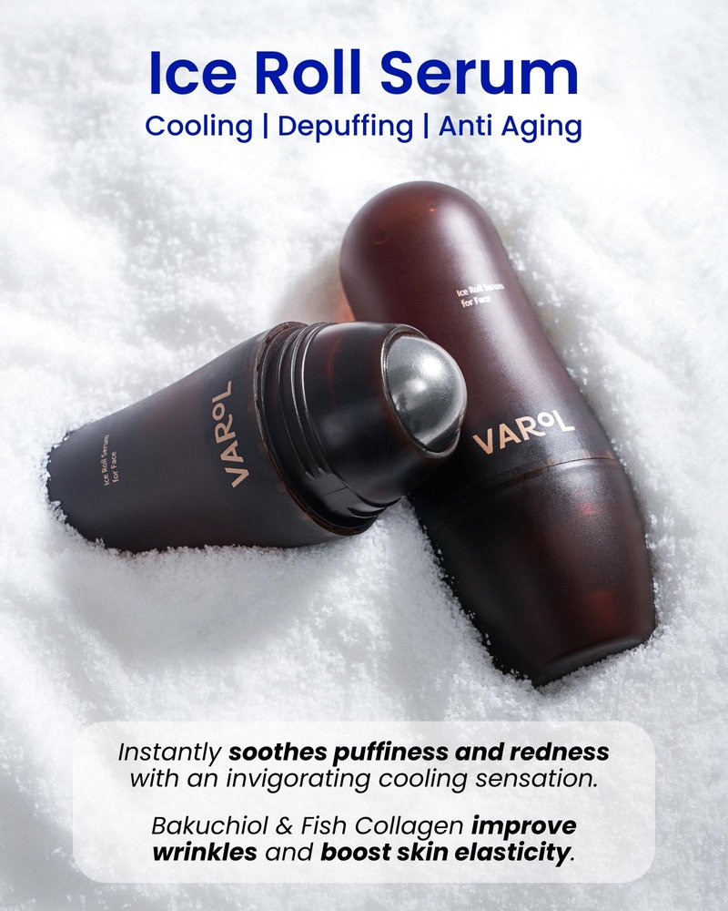 VAROL Ice Roll Serum for Face, Puffy Eyes, Under Eye Bags - Bakuchiol & Collagen for Wrinkles, Anti Aging, Cooling Ice Roller for Puffiness, Redness, Dark Circles - Korean Skin Care, 1.69 Fl Oz