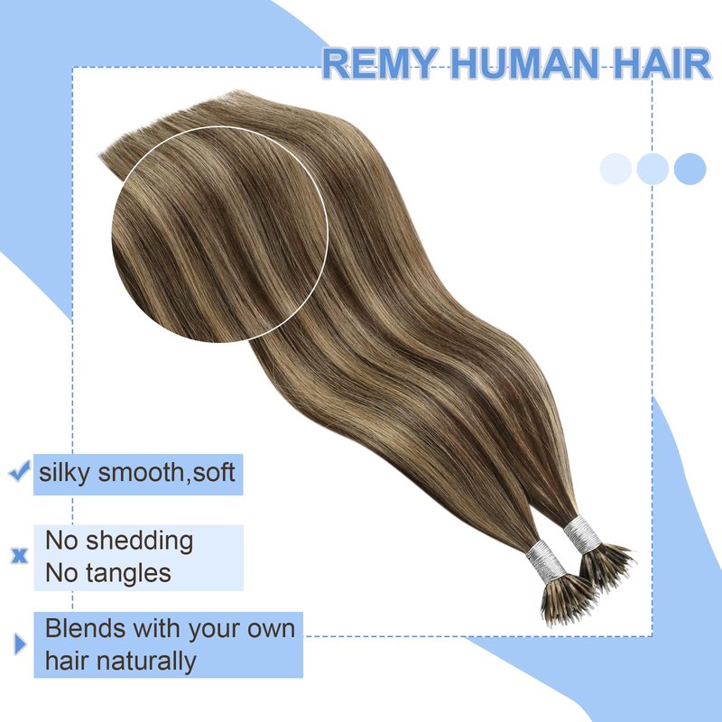YoungSee 20in Nano Bead Hair Extensions Dark Brown Highlight Caramel Blonde Nano Hair Extensions Brown Human Hair Nanolink Hair Extension Cold Fusion Nanoring Natural Hair 50 Strands 50g for Wedding