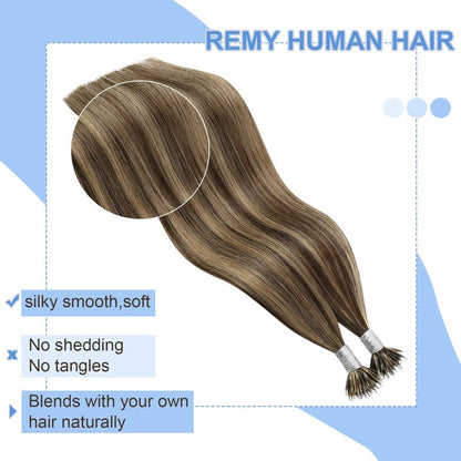 YoungSee 20in Nano Bead Hair Extensions Dark Brown Highlight Caramel Blonde Nano Hair Extensions Brown Human Hair Nanolink Hair Extension Cold Fusion Nanoring Natural Hair 50 Strands 50g for Wedding
