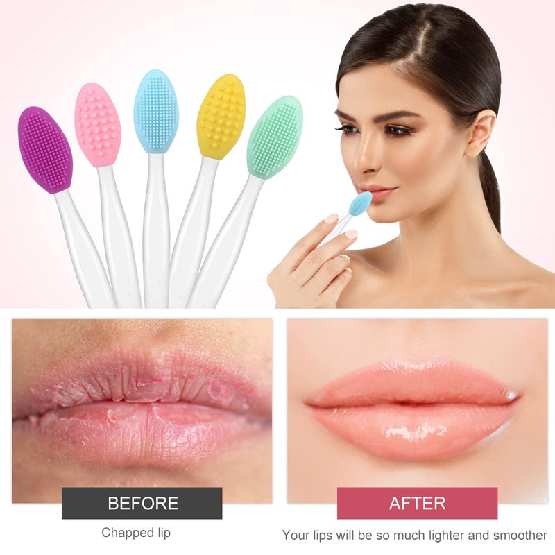 Yoizyfree 5 Pcs Lip Scrub Brush,Lip Scrubber Exfoliator,Double-Sided Silicone Lip Brush Tool for Men Women Lip Lightening, Lip Exfoliator Scrubber Tool for Dark Lips