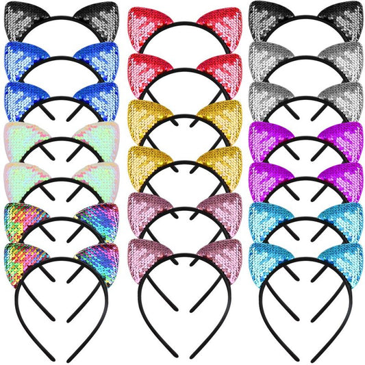 WXJ13 20 Pieces Cat Ears Headbands Reversible sequin headband Cute Cat Headbands