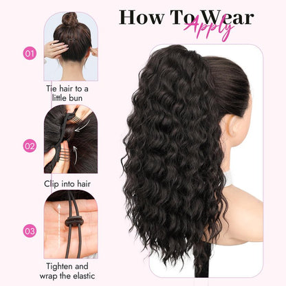 Isaic Culy Ponytail Extension 16 Inch Natural Black Drawstring Ponytail Extension for Women Fluffy Natural Looking Synthetic Hairpiece Long wavy Pony Tails Hair extensions for Daily Use