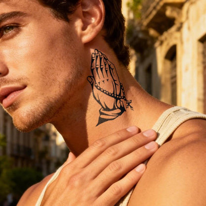 UBICA Semi Permanent Tattoos, 2 Sheets Realistic Temporary Tattoos for Men, Fake Tattoos for Hand Arm Wrists, Waterproof, No Reflective, Lasts 1-2 Weeks (Cross Praying & Power Glove Chain Designs)
