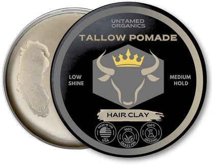 Untamed Organics Tallow Hair Clay | Handmade Grass-Fed Grass-Finshed Tallow Hair Pomade | All Natural & Organic Styling Clay for Men & Women | Medium Hold & Natural Finish | 2 FL. oz.