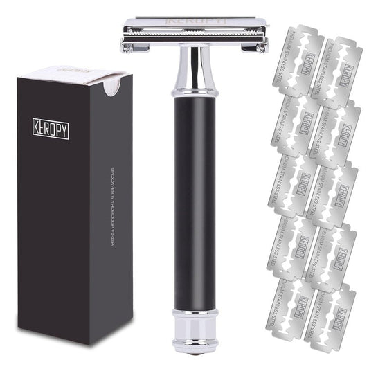 Mens Safety Razor, Black Matte Finish Heavy Weight DE Safety Razor for Wet Shaving, includes 10 Keropy Blades - Vintage Classic Design, Non-Slip Handle - Ideal Gift for Men, Father's Day, Birthday
