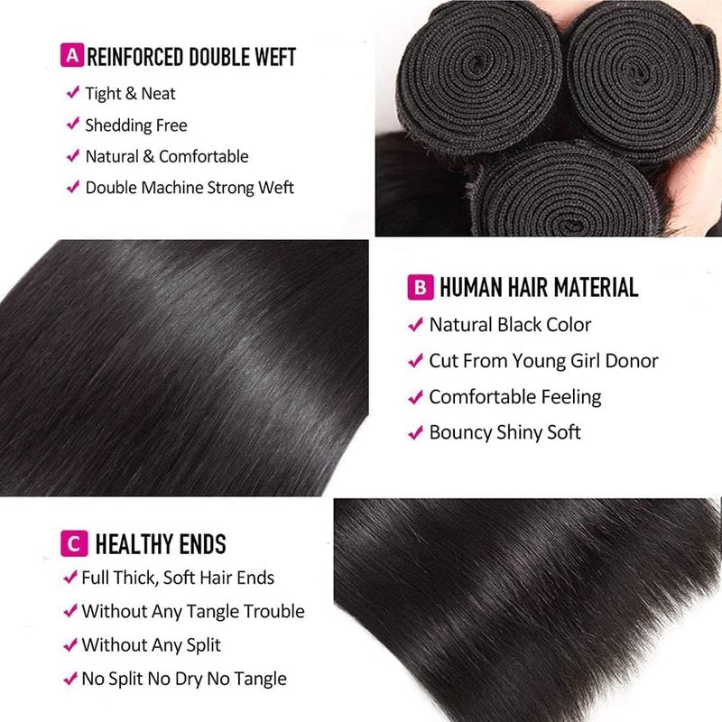 Straight Human Hair Bundles 14 16 18 Inch Brazilian Straight Hair Bundle 100% Unprocessed Virgin Hair Weave Bundles Human Hair Extension for Women Natural Black Color