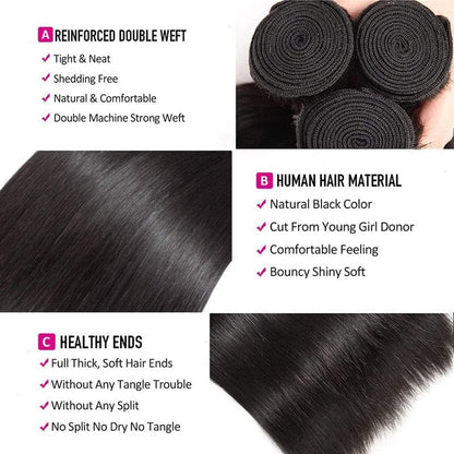 Straight Human Hair Bundles 14 16 18 Inch Brazilian Straight Hair Bundle 100% Unprocessed Virgin Hair Weave Bundles Human Hair Extension for Women Natural Black Color