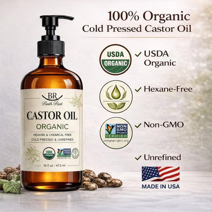 Bathrest Castor Oil Organic Cold Pressed Unrefined Glass Bottle 100% Pure for Hair Growth Eyelashes Brows Castor Oil Packs, Natural Skin Moisturizer, USDA Certified Hexane Free Vegan 16 oz (473ml)