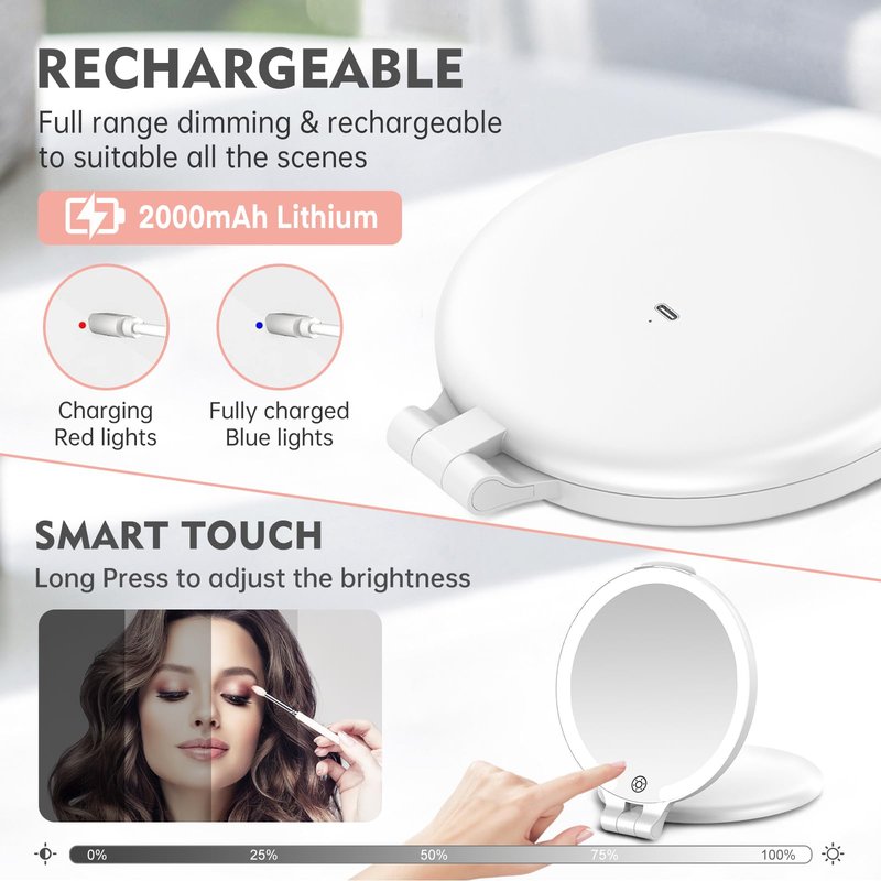 FUNTOUCH Travel Mirror with Lights and Magnification, 1X/30X Double Sided Makeup Vanity Mirror with 3 Color Setting, Christmas Birthday Gifts for Women Girls with Bag