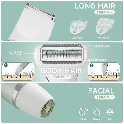 Bikini Trimmer for Women, 3-in-1 Electric Razors for Women, Waterproof Bikini Shaver Replaceable Facial, Body Trimmer for Pubic Hair, Painless Razor for Hair Trimmer, Mint Green