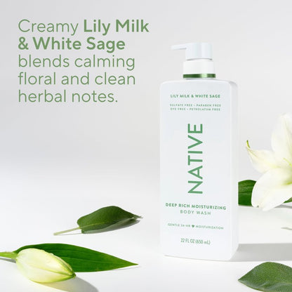 Native Lily Milk & White Sage Scent 24-Hour Moisturizing Bodywash for Women & Men, Clean & Gentle, for Dry or Sensitive Skin, Keeps Skin Healthy & Smooth, Free of Sulfates, Cruelty-Free, 22 oz