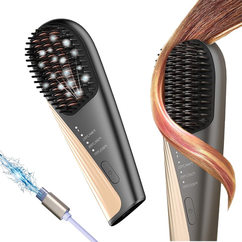 Go Brush Pro Cordless Hair Straightener Brush - Portable Travel-Friendly, 30s Quick Heat, 10000mAh USB-C Rechargeable, 150M Negative Ions (Strai-Grey)