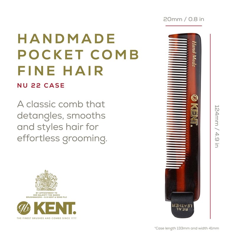Kent NU22 Handmade Pocket Comb for Men, All Fine Tooth Hair Comb Straightener for Everyday Grooming Styling Hair, Beard and Mustache, Use Dry or with Balms, Saw Cut and Hand Polished, Made in England