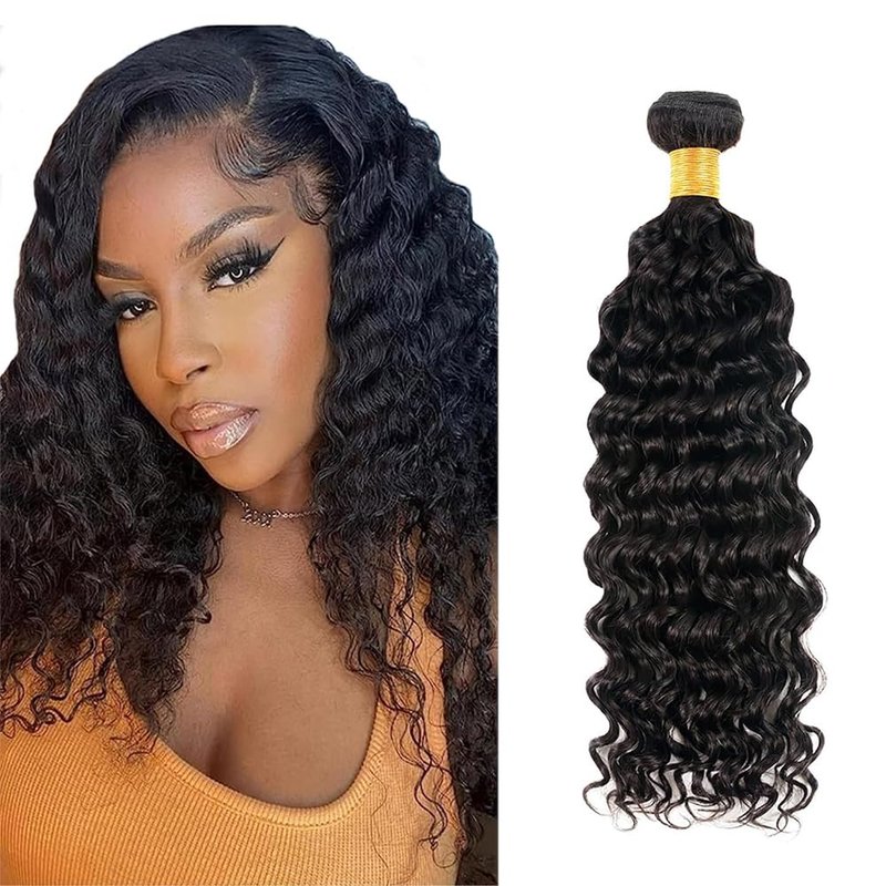 Deep Wave Human Hair Bundles 14 16 18 Inch Curly Weave Bundles Human Hair Unprocessed Native Virgin Hair 100/PC 3 Extensions Natural Black Color 1B Wet and Wavy Human Hair Extensions for Women