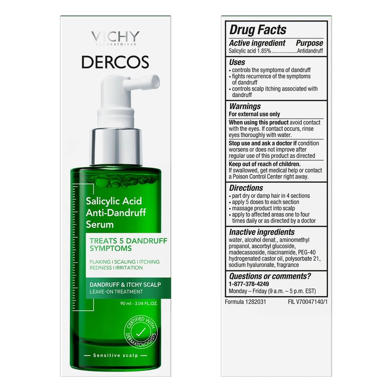 Vichy Dercos Salicylic Acid Anti-Dandruff Treatment, Scalp Treatment Targets Dandruff Symptoms & Leaves Head Feeling Hydrated & Soothed, Serum Provides Flake & Itch Relief, 3 Fl. Oz.