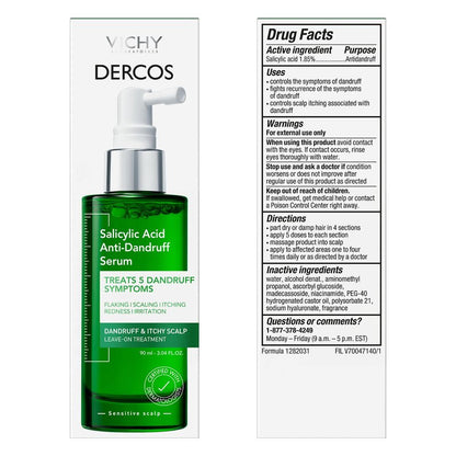 Vichy Dercos Salicylic Acid Anti-Dandruff Treatment, Scalp Treatment Targets Dandruff Symptoms & Leaves Head Feeling Hydrated & Soothed, Serum Provides Flake & Itch Relief, 3 Fl. Oz.