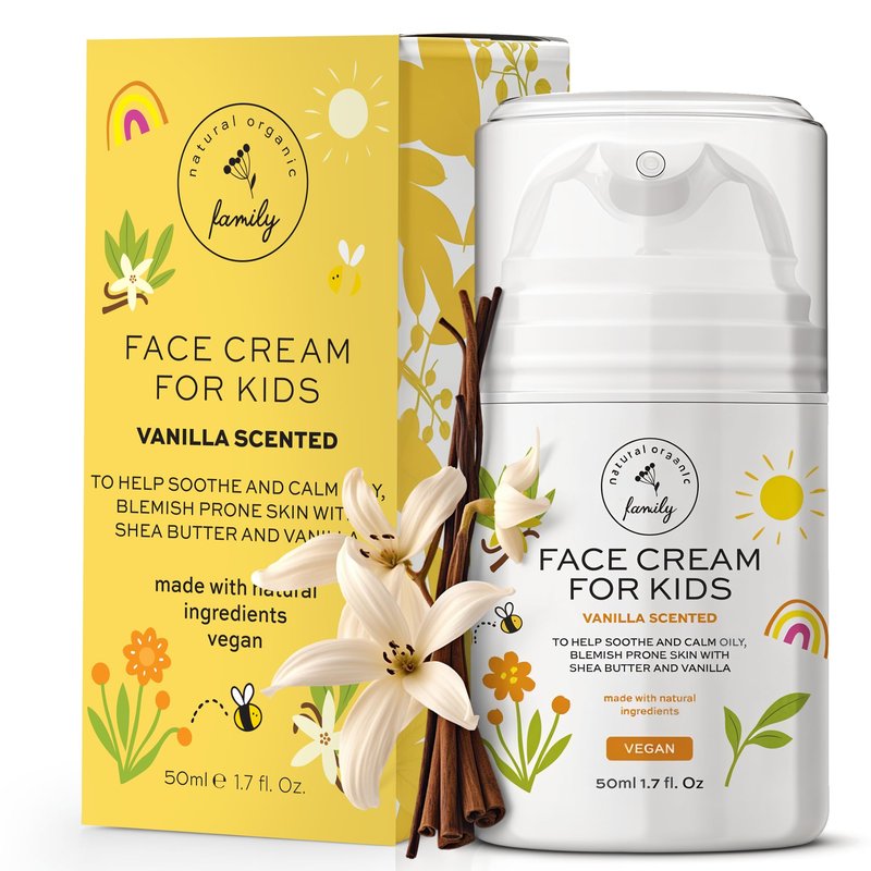Kids Face Cream - Gentle and Calming Moisturizer Lotion for Sensitive Skin, Natural Hydration and Spot Control with Shea Butter, Tea Tree, Hyaluronic Acid, Vitamin E - Made in UK - Vanilla Scented