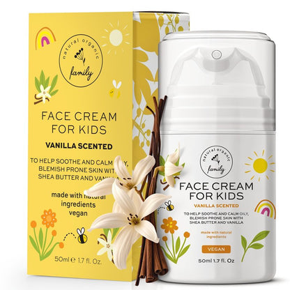 Kids Face Cream - Gentle and Calming Moisturizer Lotion for Sensitive Skin, Natural Hydration and Spot Control with Shea Butter, Tea Tree, Hyaluronic Acid, Vitamin E - Made in UK - Vanilla Scented