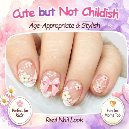 Kids Press on Nails, 24pcs French Tip Press on Nails for Kids 6-12 with 3D Hibiscus, Non-Toxic Nail Kit with Nail Glue, Adhesive Tabs, Fake Nails Gift for Girls