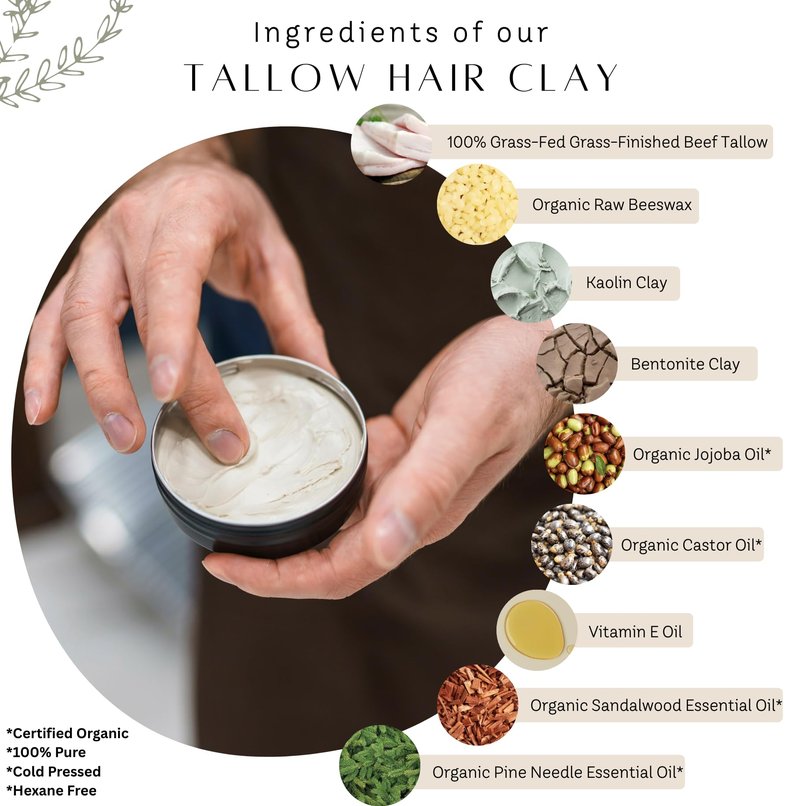 Untamed Organics Tallow Hair Clay | Handmade Grass-Fed Grass-Finshed Tallow Hair Pomade | All Natural & Organic Styling Clay for Men & Women | Medium Hold & Natural Finish | 2 FL. oz.