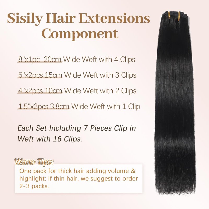Sisily Clip in Hair Extensions Real Human Hair, Premium Human Hair Clip in Extensions Natural Black, Soft Straight Hair Extensions Real Human Hair Clip ins 7PCS Double Weft（16 Inch #1B）