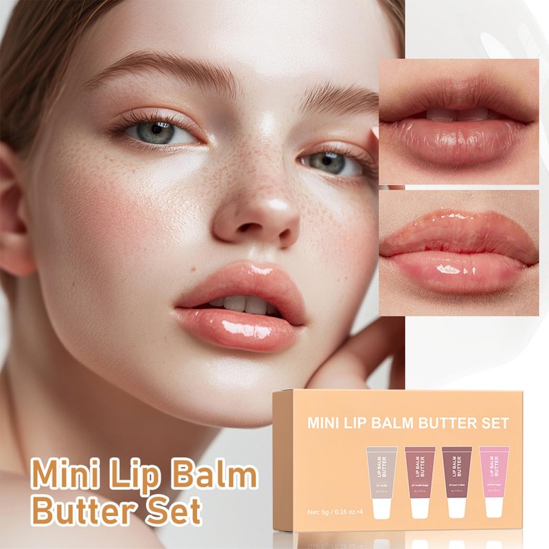4Pcs Hydrating Lip Gloss Set, Mini Lip Balm Pack, High Shine Glass Finish Lip Moisturizing Plumping Lip Gloss Shiny Jelly Liquid Lipstick for Women