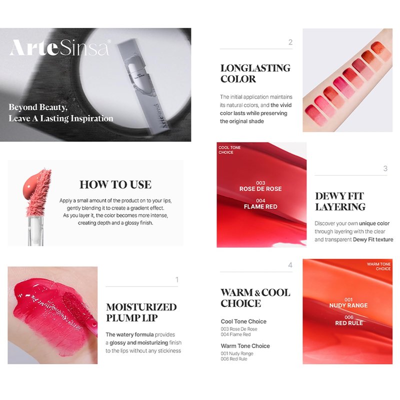 ArteSinsa Dewy Fit Tint – 8 Colors | Non-Sticky, Buildable Shine with Vivid Color | Long-Lasting & Moisturizing for a Plump, Glossy Finish | K-Beauty Lip Color (#003 Rose De Rose, 0.1 Fl Oz)