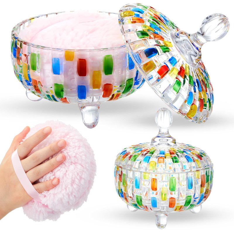 Tioncy 2 Pcs Extra Large Dusting Powder Puff and Container for Women-6'' Glass Crystal Dusting Powder Container with Body Soft Washable Reusable Velour Face(Multicolor,Weave Design)