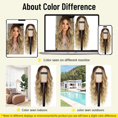 AISI HAIR Blonde Wig for Women, Long Wavy Lace Hairline Blond Synthetic Middle Part Ombre Blonde Wigs for Daily Party-26 Inch