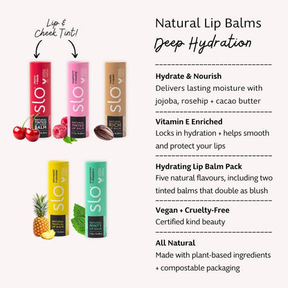 Slo | Natural Lip Balm - All Natural Ingredients, Vegan & Cruelty Free, Hydrating & Soothing, Plastic Free, Paper Packaging | 5 pack one of each flavour (5 x 0.28oz/8g)